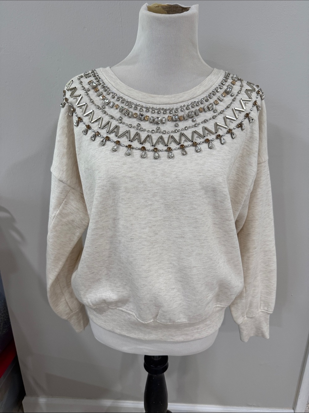 Maeve Anthropologie NWOT Cream Embellished jeweled Crewneck Sweatshirt - Picture 4 of 10